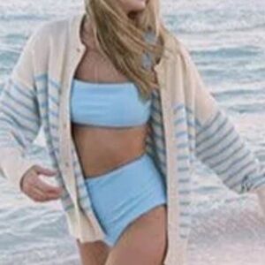 Madewell baby blue and white pocketed striped cardigan